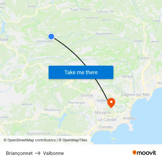 Briançonnet to Valbonne map