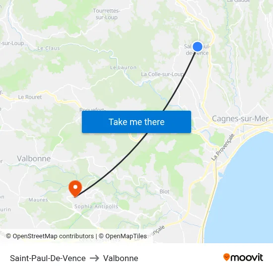 Saint-Paul-De-Vence to Valbonne map