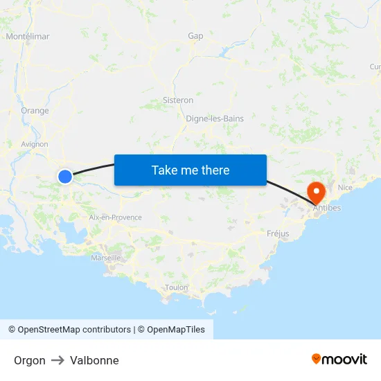 Orgon to Valbonne map