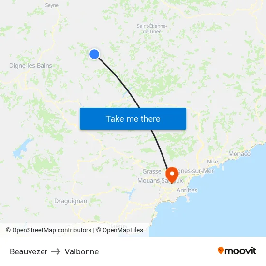 Beauvezer to Valbonne map