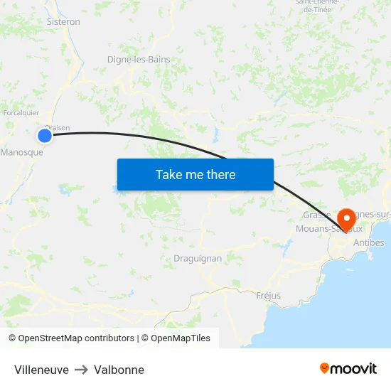 Villeneuve to Valbonne map