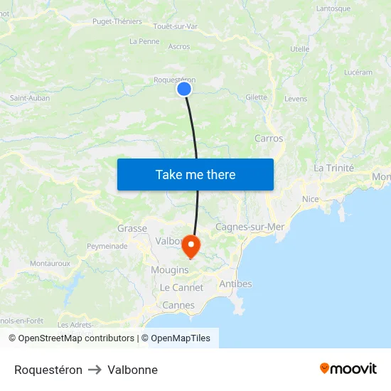 Roquestéron to Valbonne map