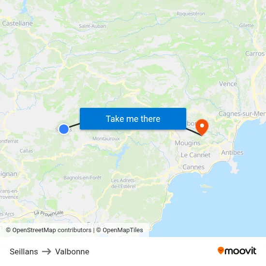 Seillans to Valbonne map