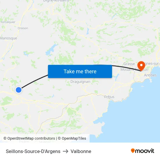 Seillons-Source-D'Argens to Valbonne map
