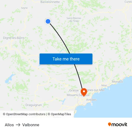 Allos to Valbonne map