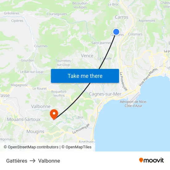 Gattières to Valbonne map