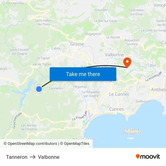 Tanneron to Valbonne map