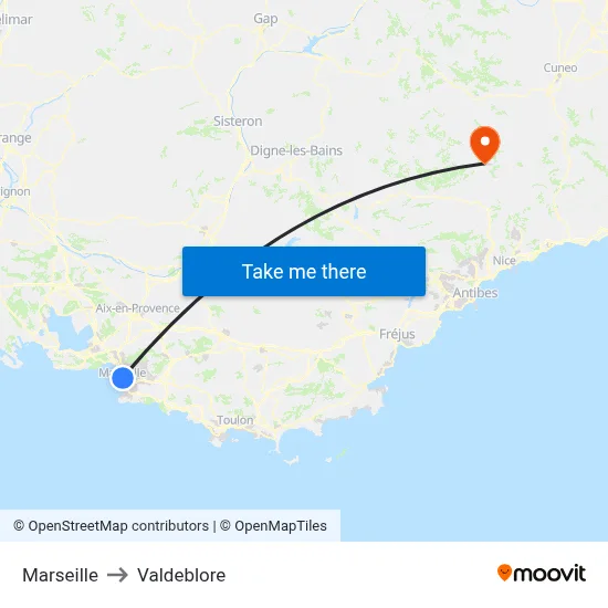 Marseille to Valdeblore map
