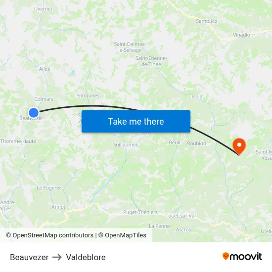 Beauvezer to Valdeblore map