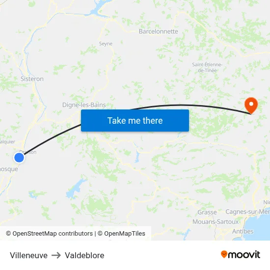 Villeneuve to Valdeblore map