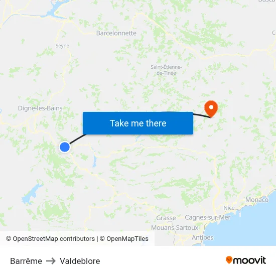 Barrême to Valdeblore map