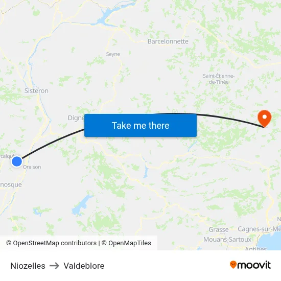 Niozelles to Valdeblore map