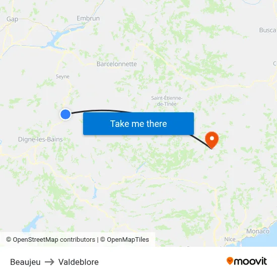 Beaujeu to Valdeblore map