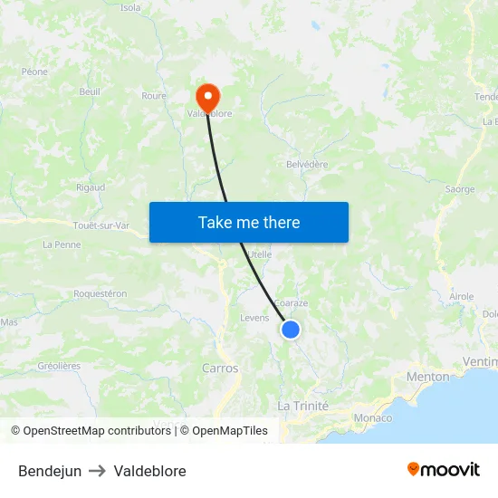 Bendejun to Valdeblore map