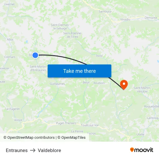 Entraunes to Valdeblore map