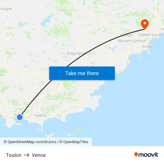Toulon to Vence map