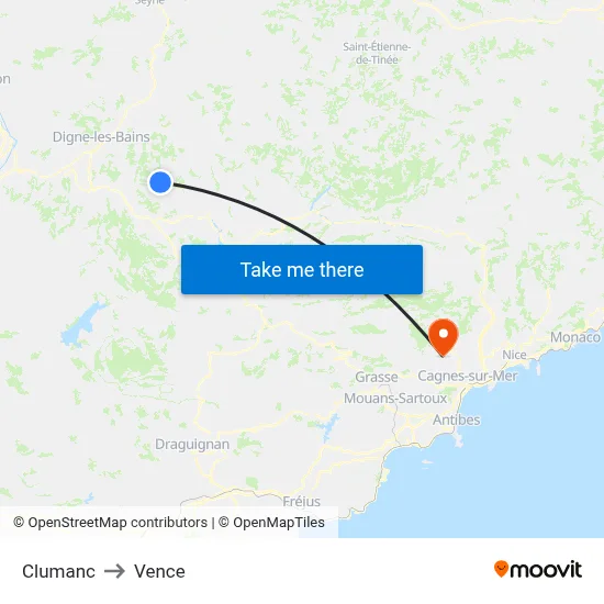 Clumanc to Vence map
