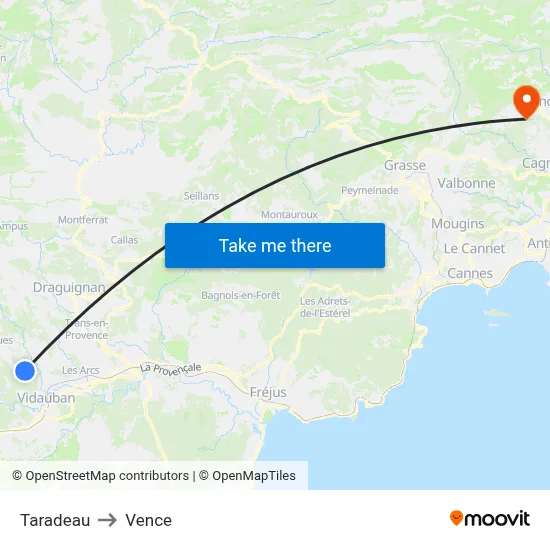 Taradeau to Vence map