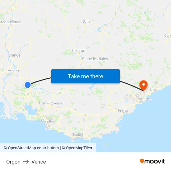 Orgon to Vence map