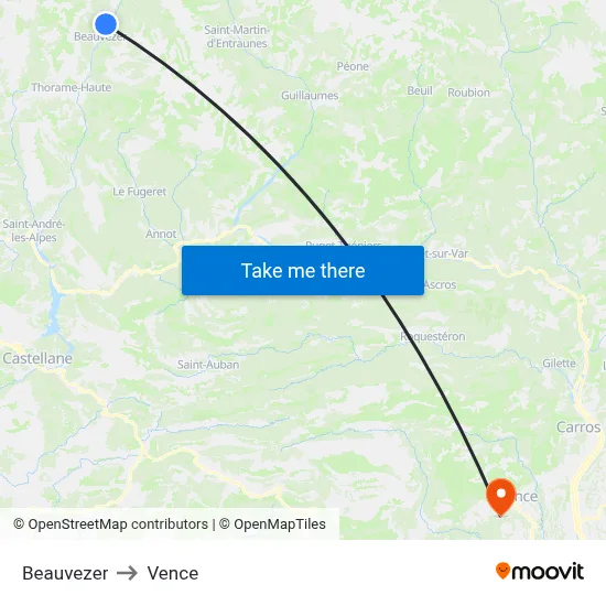 Beauvezer to Vence map