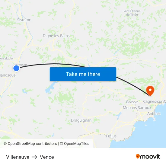 Villeneuve to Vence map