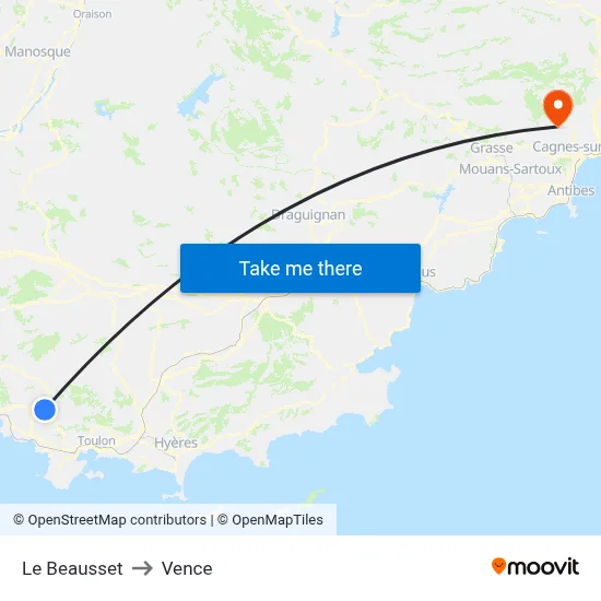 Le Beausset to Vence map
