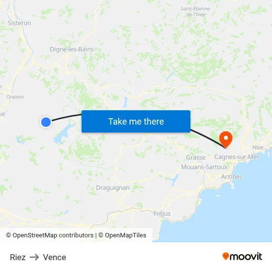 Riez to Vence map