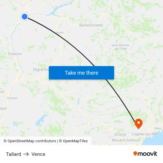 Tallard to Vence map