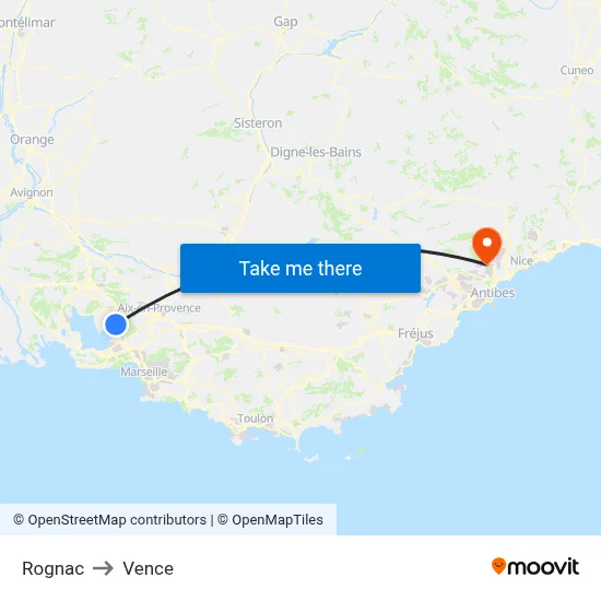 Rognac to Vence map