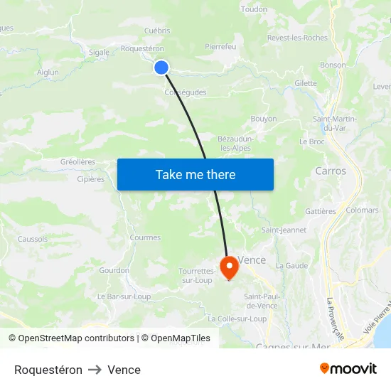 Roquestéron to Vence map