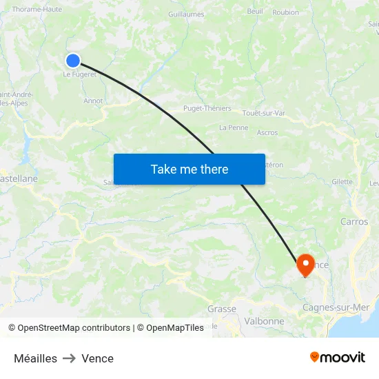 Méailles to Vence map