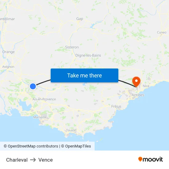 Charleval to Vence map