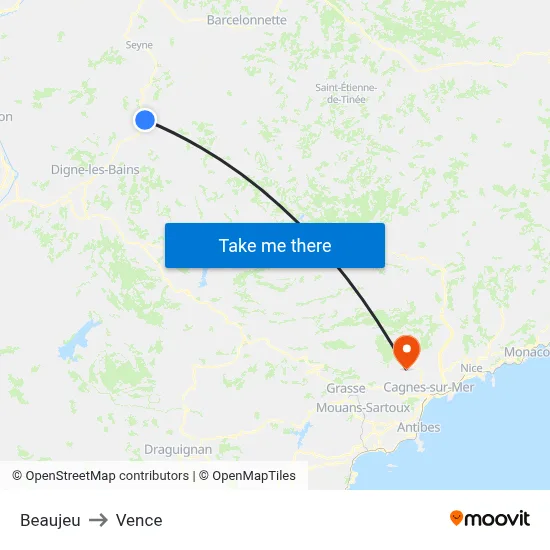 Beaujeu to Vence map