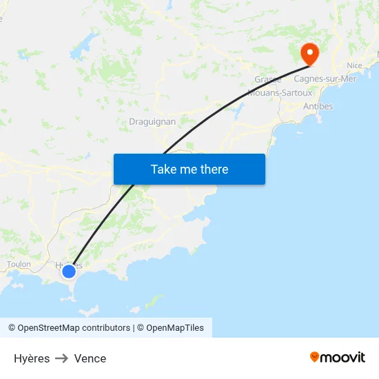 Hyères to Vence map