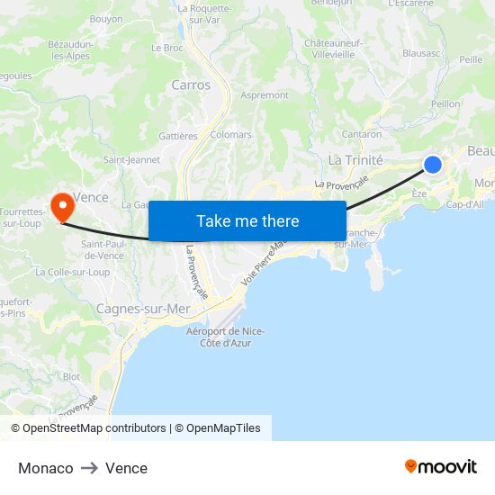 Monaco to Vence map