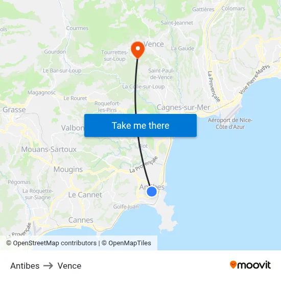 Antibes to Vence map