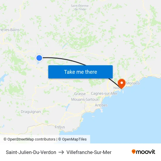 Saint-Julien-Du-Verdon to Villefranche-Sur-Mer map