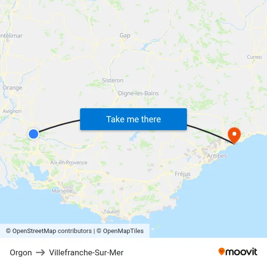 Orgon to Villefranche-Sur-Mer map
