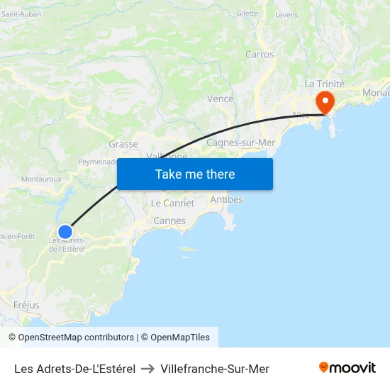 Les Adrets-De-L'Estérel to Villefranche-Sur-Mer map