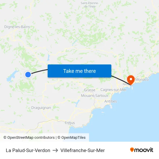 La Palud-Sur-Verdon to Villefranche-Sur-Mer map
