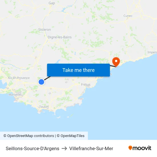 Seillons-Source-D'Argens to Villefranche-Sur-Mer map