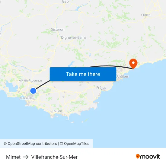 Mimet to Villefranche-Sur-Mer map