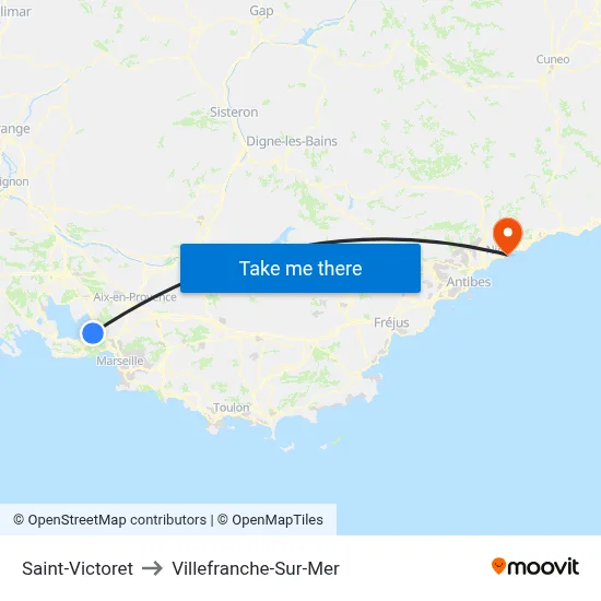 Saint-Victoret to Villefranche-Sur-Mer map