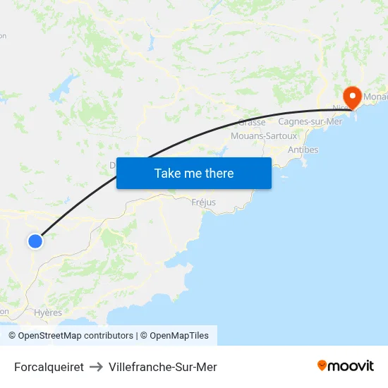 Forcalqueiret to Villefranche-Sur-Mer map