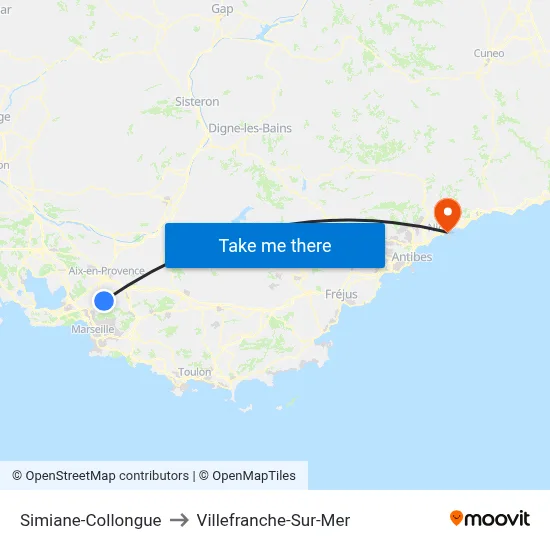 Simiane-Collongue to Villefranche-Sur-Mer map