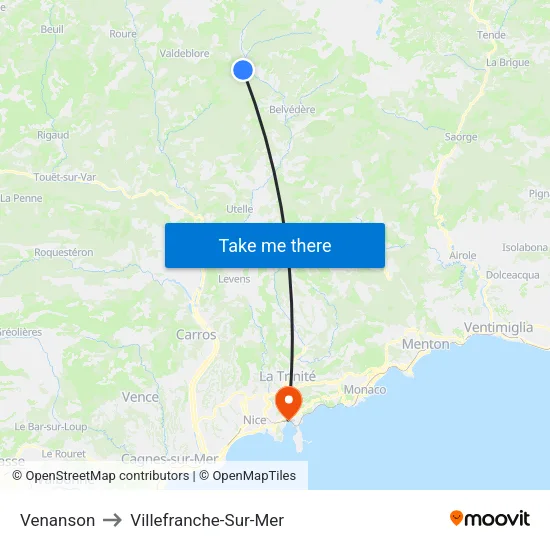 Venanson to Villefranche-Sur-Mer map