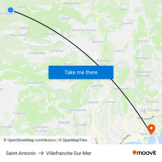 Saint-Antonin to Villefranche-Sur-Mer map