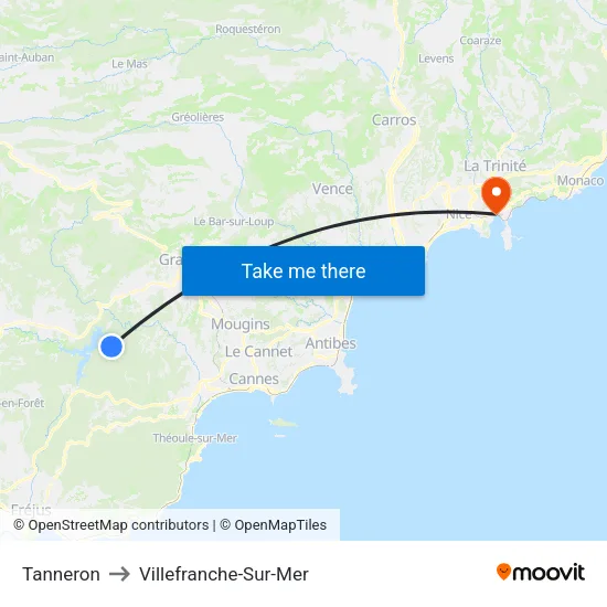Tanneron to Villefranche-Sur-Mer map