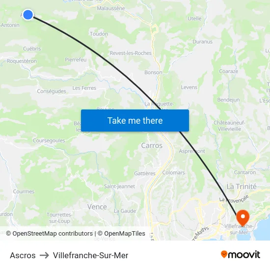 Ascros to Villefranche-Sur-Mer map