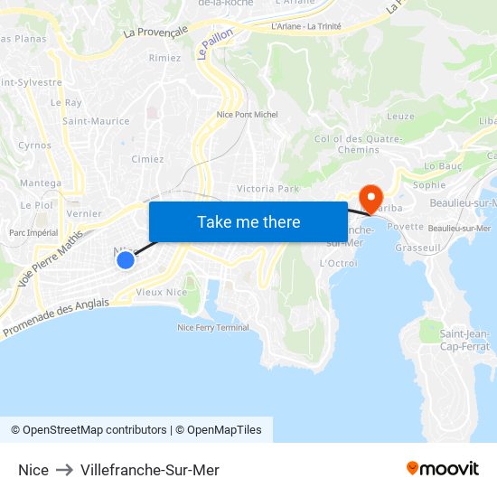 Nice to Villefranche-Sur-Mer map